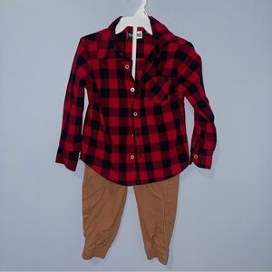 Red and Black Plaid Shirt with Tan Pants